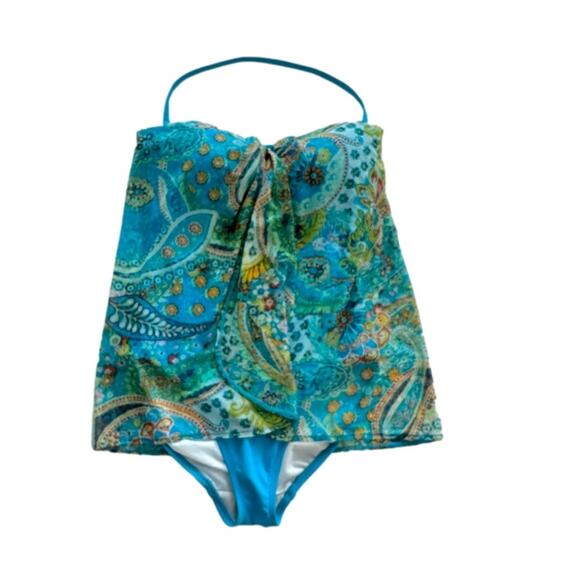 Lauren Ralph Lauren Swim Blue Paisley Flyaway Bandeau One Piece Swimsuit Size 4 - Picture 1 of 12